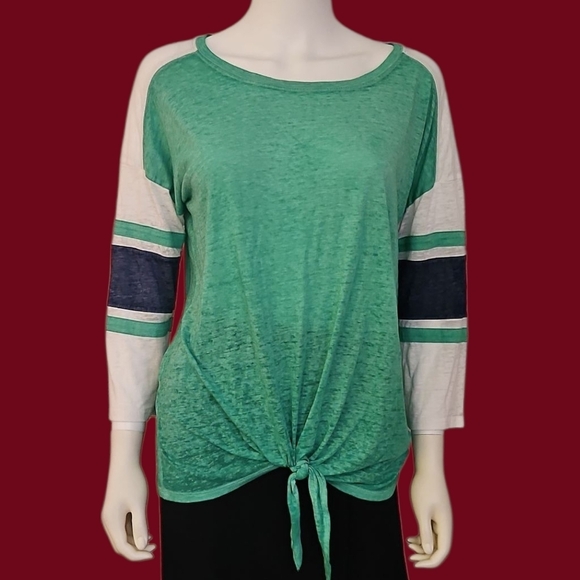 SO Tops - 3/$30 SO Green and White Striped Sleeve Relaxed Baseball Tie Waist Burnout Shirt